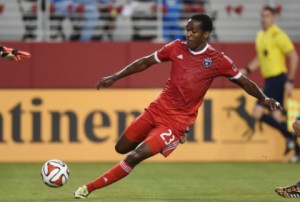 Captain of the St. Kitts and Nevis Football Team and FC Dallas player, Atiba Harris in action for the Sugar Boyz  against the Turks and Caicos Islands 