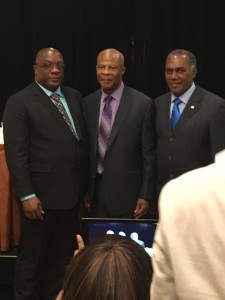 L-R Prime Minister Dr. Timothy Harris-Sir Hugh Rawlins and Premier Vance Amory 