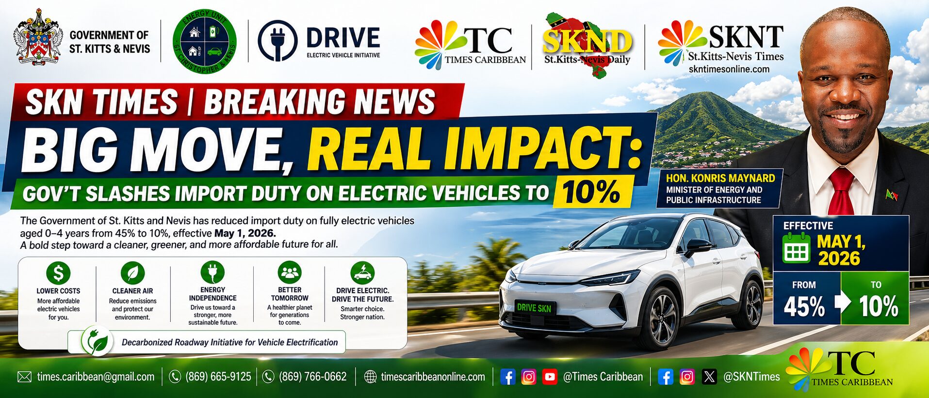MINISTER KONRIS MAYNARD DECLARES “BIG MOVE, REAL IMPACT !”- GOV’T SLASHES IMPORT DUTY ON ELECTRIC VEHICLES TO 10%