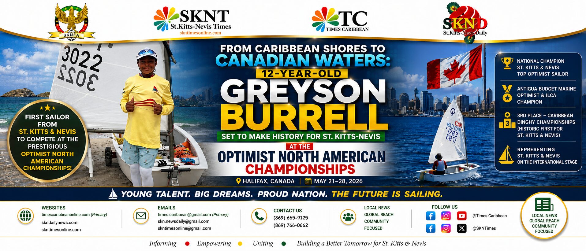 FROM CARIBBEAN SHORES TO CANADIAN WATERS: 12-YEAR-OLD GREYSON BURRELL SET TO MAKE HISTORY FOR ST. KITTS-NEVIS AT OPTIMIST NORTH AMERICAN CHAMPIONSHIPS