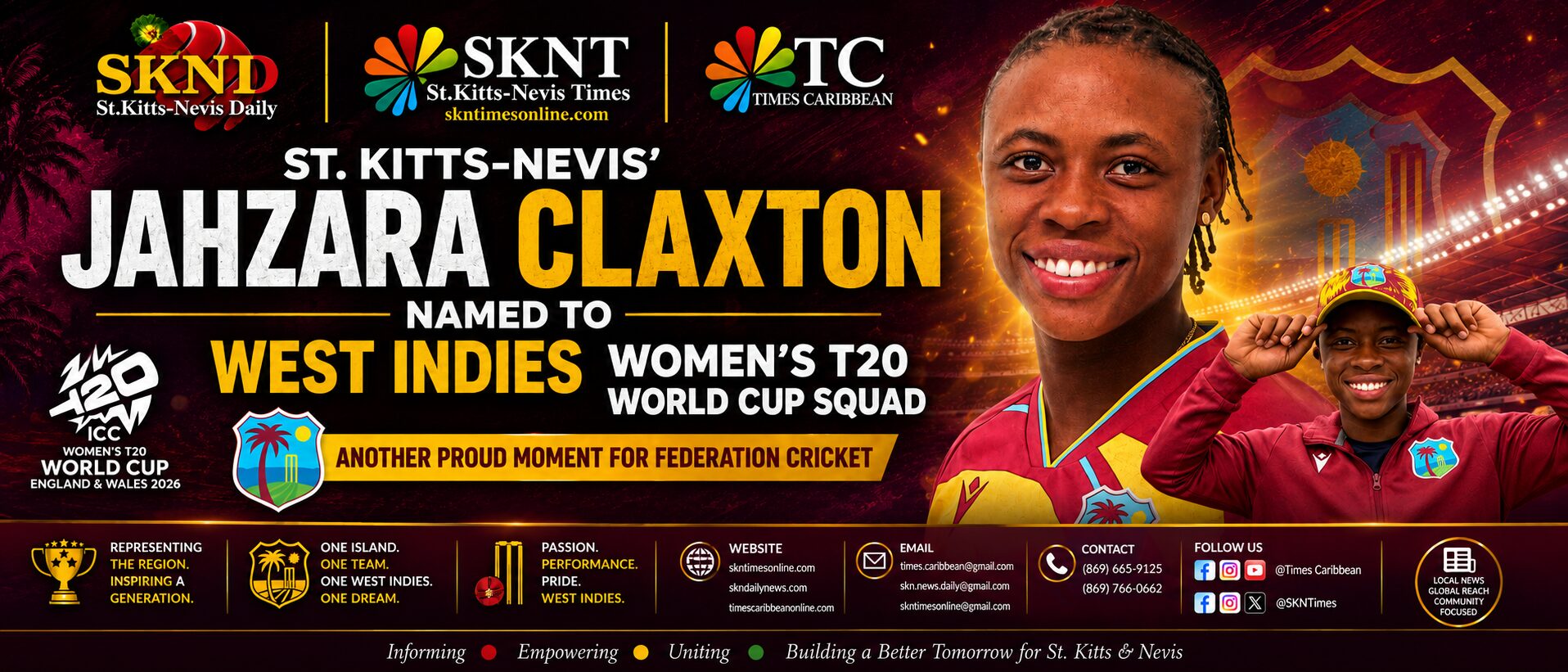 ST. KITTS-NEVIS’ JAHZARA CLAXTON NAMED TO WEST INDIES WOMEN’S T20 WORLD CUP SQUAD — ANOTHER PROUD MOMENT FOR FEDERATION CRICKET