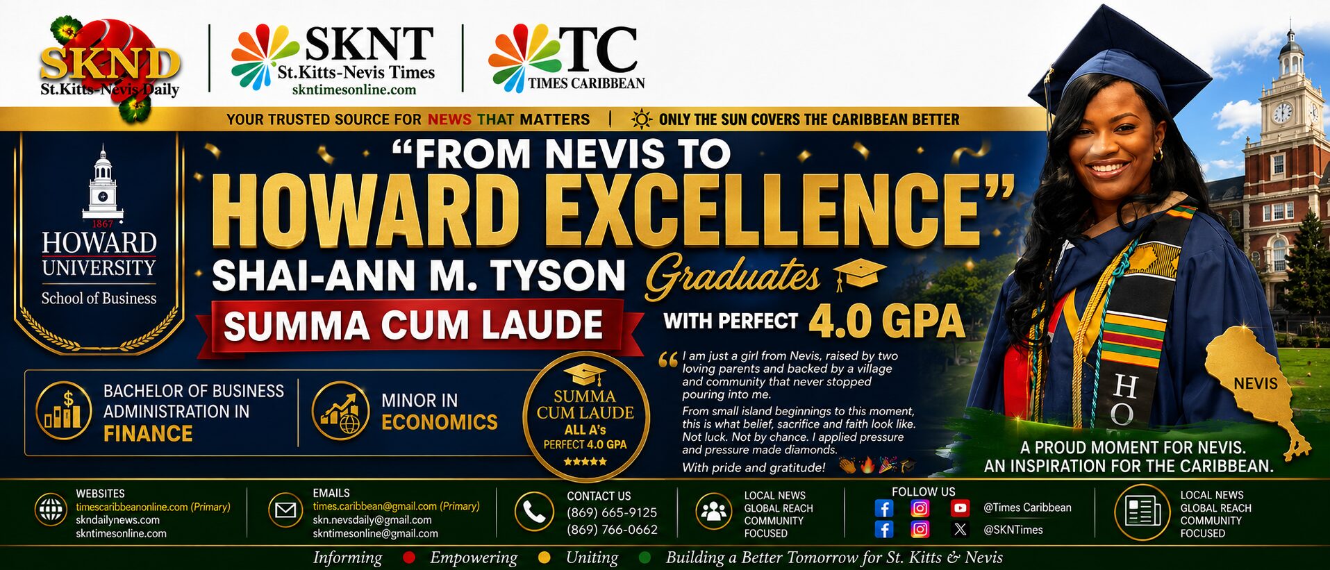 “FROM NEVIS TO HOWARD EXCELLENCE”: SHAI-ANN M. TYSON GRADUATES SUMMA CUM LAUDE WITH PERFECT 4.0 GPA