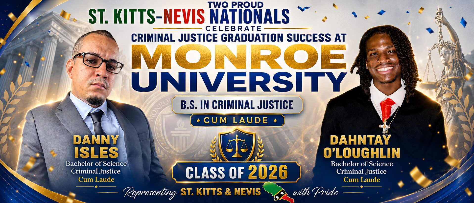 Two Proud St. Kitts-Nevis Nationals Celebrate Criminal Justice Graduation Success at Monroe University.