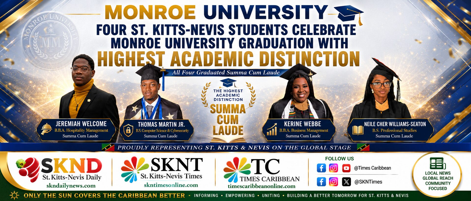 Four St. Kitts-Nevis Students Celebrate Monroe University Graduation with Highest Academic Distinction