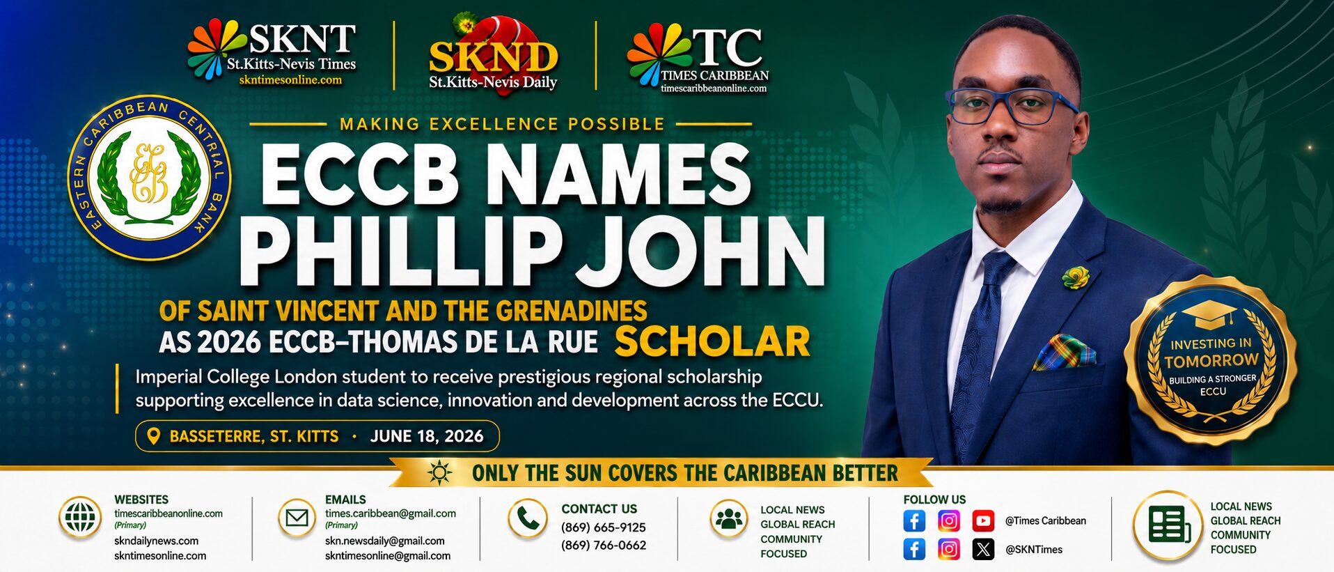 ECCB Names Phillip John of Saint Vincent and the Grenadines as 2026 ECCB–Thomas De La Rue Scholar